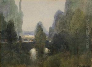 River Landscape With Figures On A Bridge by William Henry Holmes