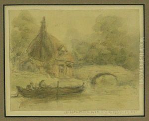 Figures And Cart Before Cottages by Cornelius Holmes-Winter