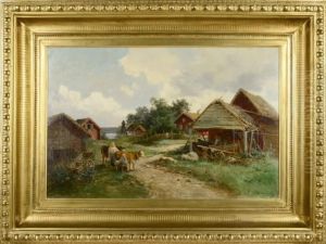 Gard, I Forgrunden Mjolkande Kvinnor Gard, I Forgrunden Mjolkande Kvinnor