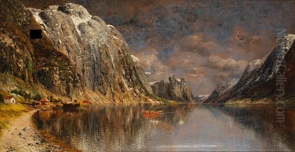 An Extensive Fjord Landscape With Figures In Aboat - view 1