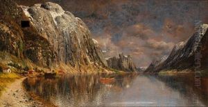 An Extensive Fjord Landscape With Figures In Aboat by Johann Holmstedt