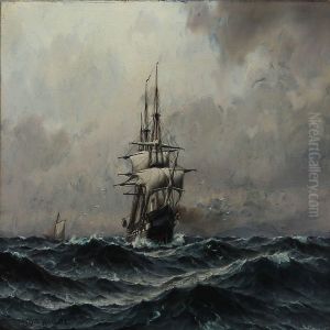 Seascape With A Sailing Ship In High Waves by Lauritz B. Holst