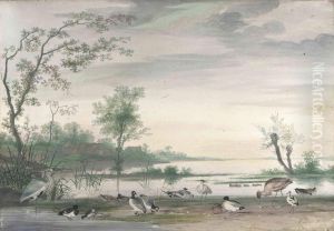 Herons, Ducks And Other Waterfowl In A River Landscape by Pieter the Younger Holsteyn