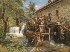 Mill At A Stream Bank by Georg Holub