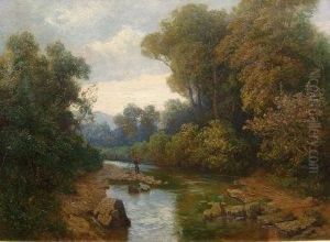 A Wooded River Landscape With A Man Fishing Off A Rocky Bank