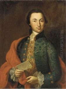 Portrait Of Josephus Casparus De Jaquemod, Aged Twenty-nine,half-length, In A Blue Brocade Coat, Gold-embroidered Waistcoat Andwhite Lace Shirt, A Letter In His Left Hand; And Portrait Of Mariaanna De Jaquemod, Aged Twenty-two, Half-length, In A Blue Dres
