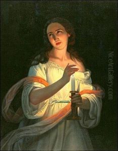 Young Woman In Woodland By Candlelight, A Castle Turret Visible In The Distance