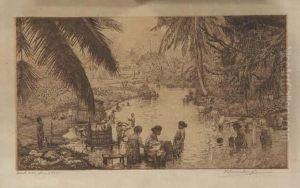 A Meandering River With Washerwomen And Figures Bathing by Dirk Homburg