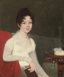 Portrait Of A Young Woman, Three-quarter-length, Seated In A Whitemuslin And Lace Dress, A Book In Her Right Hand, A Table Withneedlework To Her Left