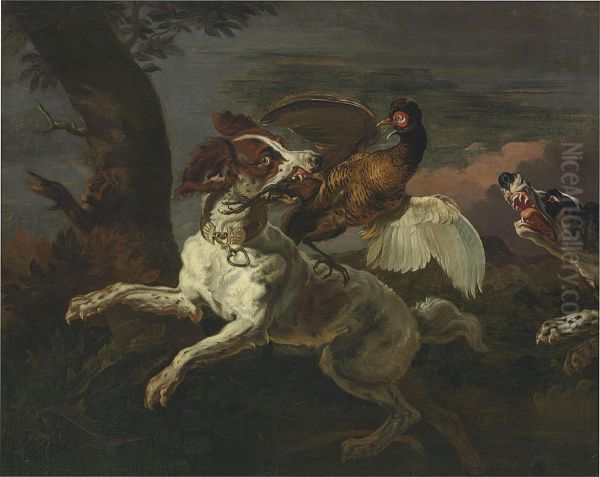 A Spaniel Attacking A Pheasant - view 1