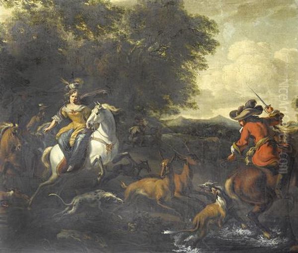 A Stag Hunt In A Wooded River Landscape - view 1