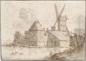 A Farmstead With A Windmill By A Pond