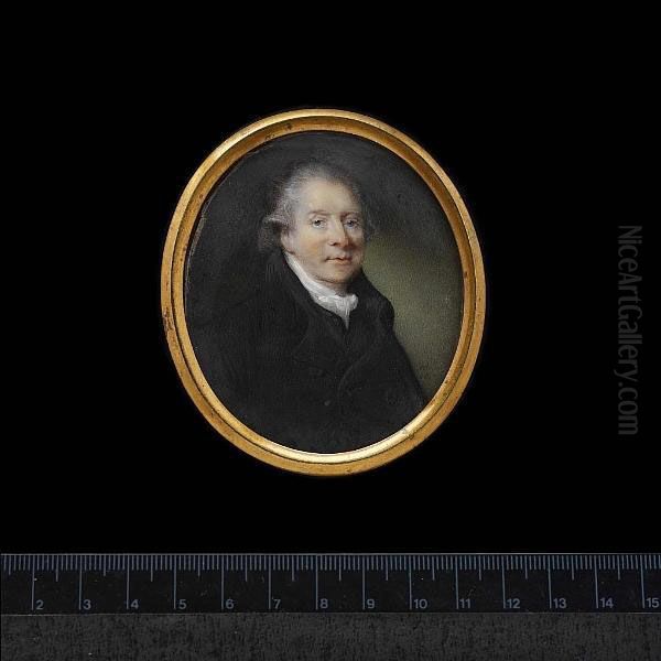 A Gentleman, Wearing Black Coat Matching Waistcoat, Frilled Chemise And Stock, His Hair Powdered. - view 1
