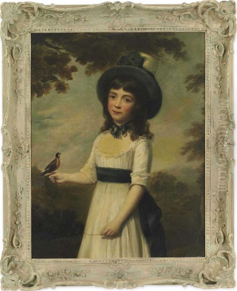 Portrait Of Miss Gardner, Three-quarter-length, In A White Dress With A Blue Sash And A Hat, A Bird On A String Perched On Her Right Hand, A Bird Cage To Her Side, In A Landscape - view 1