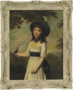 Portrait Of Miss Gardner, Three-quarter-length, In A White Dress With A Blue Sash And A Hat, A Bird On A String Perched On Her Right Hand, A Bird Cage To Her Side, In A Landscape