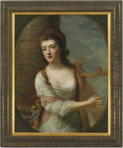 Portrait Of A Lady, Three-quarter-length, In A White Dress, Playing A Harp, Standing By A Column In A Landscape