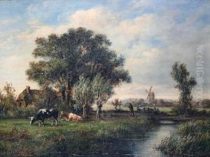 River Scene With Cattle Grazing And Atraveller On A Pathway, With A Windmill Beyond by Johannes Matthijs Hoogbruin