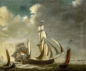 A Watership With A Small Kaag Alongside And Other Vessel Astern by Engel Hoogerheyden