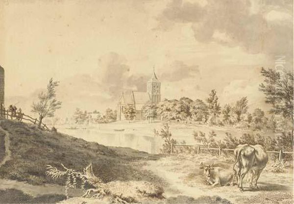 Un Paysage Fluvial Avec Une Eglise Dans Le Fond Et Deux Vaches Au Premier Plan - view 1