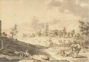 Un Paysage Fluvial Avec Une Eglise Dans Le Fond Et Deux Vaches Au Premier Plan by Hendrik Hoogers