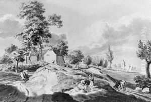 Shepherds With Cattle By A Rad Near An Inn, A Church And Housesbeyond by Hendrik Hoogers