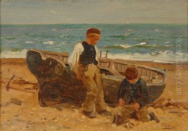 Two Children Beside A Beached Rowing Boat - view 1