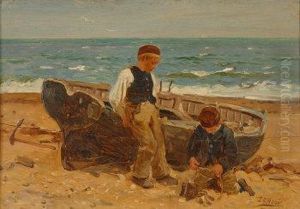 Two Children Beside A Beached Rowing Boat