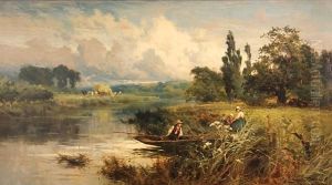 A River Landscape With Figures In A Boat by John Horace Hooper
