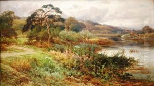 River Landscape With Cattle Watering On Far Bank by John Horace Hooper