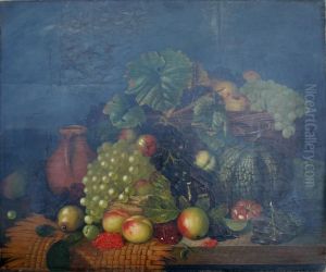 Still Life Of Fruits, A Wicker Basket And A Jug On A Ledge