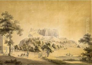 A Fortified Town With A Castel In A Hilly Landscape by Jordanus Hoorn
