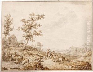 An Italianate Landscape With Herdsmen And Their Cattle by Jordanus Hoorn