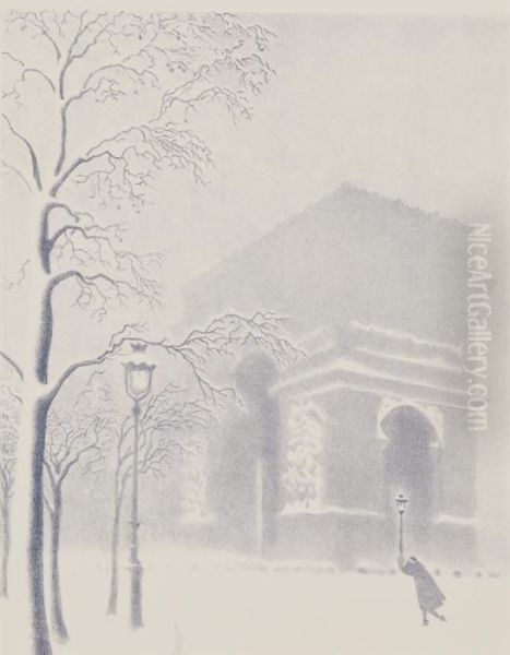 Washington Arch In Snow; Washington Arch In Snow With Bus - view 1