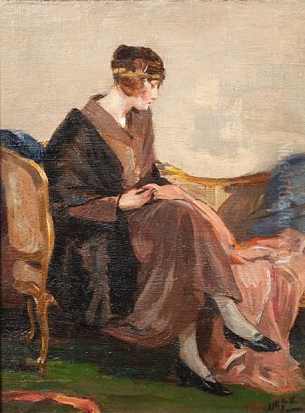 Portrait Of A Young Woman Sewing by Robert Hope
