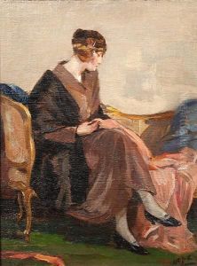 Portrait Of A Young Woman Sewing by Robert Hope