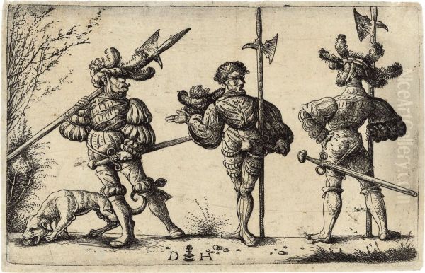 Three German Soldiers With Halberds And A Dog - view 1