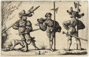 Three German Soldiers With Halberds And A Dog