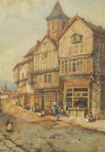 Continental Town Scene With Figures And Buildings