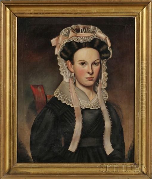 Portrait Of A Young Woman Wearing A Fancy Pink-ribboned Lacebonnet. - view 1