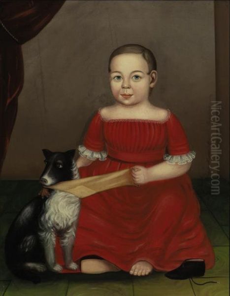 Portrait Of A Child In Red; Dog Pulling A Yellow Stocking - view 1