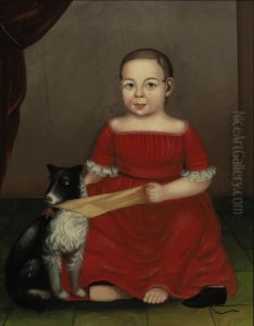Portrait Of A Child In Red; Dog Pulling A Yellow Stocking by Milton William Hopkins