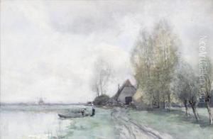 A River Landscape With Windmills Beyond; Moored Barges, A Pair by Ferdinand Bernhard Hoppe