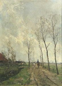 A Figure On Horseback Travelling Along A Tree-lined Path by Ferdinand Bernhard Hoppe