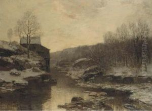 Hollandische Wassermuhle: A Watermill In Winter by Ferdinand Bernhard Hoppe