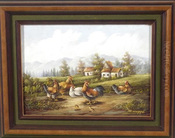 Huhner Vor Einem Gehoft In Sommerlicher Berglandschaft - view 1
