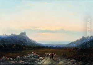 Schaapsherder Met Hond En Schapen In Een Landschap