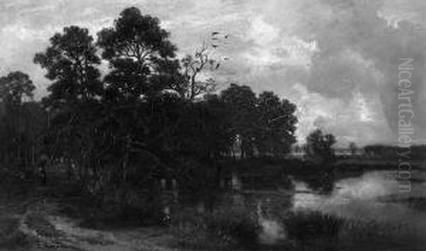 "abendliche Uferlandschaft". Sign. Ol Auf Lwd. 43 X 73,5 Cm. Rahmen - view 1