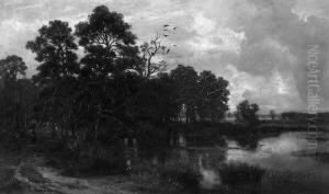 "abendliche Uferlandschaft". Sign. Ol Auf Lwd. 43 X 73,5 Cm. Rahmen by Franz Horadam
