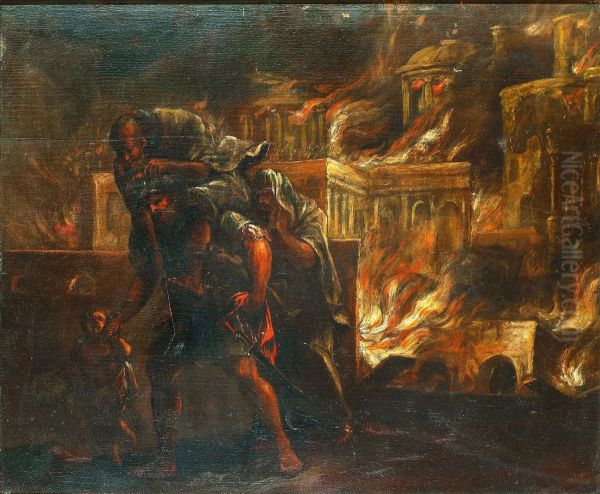 Aeneas Flyr Det Brinnande Troja Med Sin Fader Anchises Pa Ryggen - view 1