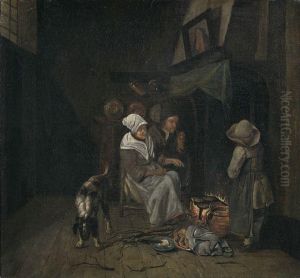 Kucheninterieur Mit Versammelter Familie Beim Pfannkuchen Backen